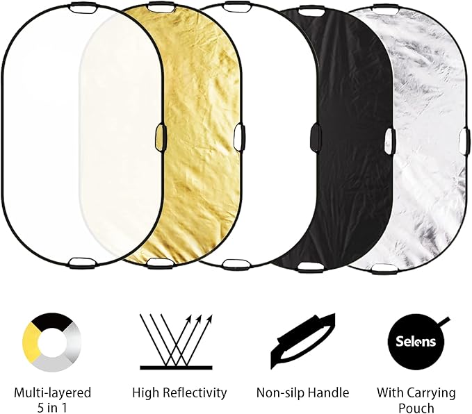 Selens 5-in-1 Oval Reflector with Handle for Photography Photo Studio Lighting & Outdoor Lighting (59 x 39 Inch)