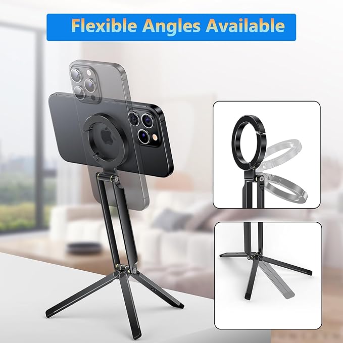 Magnetic Phone Tripod Stand Foldable Magnetic Mini Tripod Pocket Cell Phone Stand with Arca-Swiss, 1/4'' Screw Hole,Compatible with Magsafe for iPhone 17/16/15/14/13/12