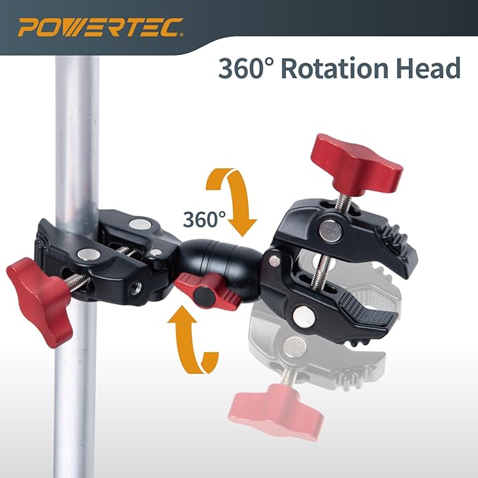 POWERTEC Double Super Clamp Camera Mount with Two 1/4"-20 Mounting Holes for Magic Arm, Desk, Umbrella, Bike, Photography Lighting, Softbox (71924)