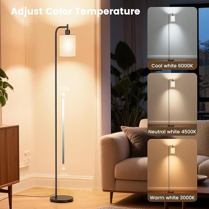 RGB Floor Lamp with Linen Shade, Dimmable Tall Standing Lamp with Remote Control, Color Changing Floor Lamps for Living Room Bedroom Gaming Room, 9W RGB Bulb Included