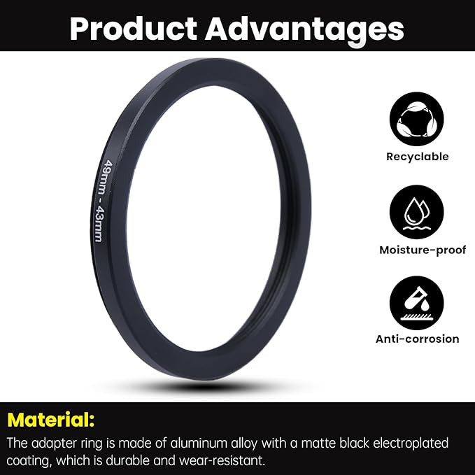 Metal Step Down Ring Filter Adapter - 49mm to 43mm - Metal Ring Step Down Rings Adapter Filter Compatible with All 43mm UV, CPL, ND, Lens Hood, Threaded Lens ect