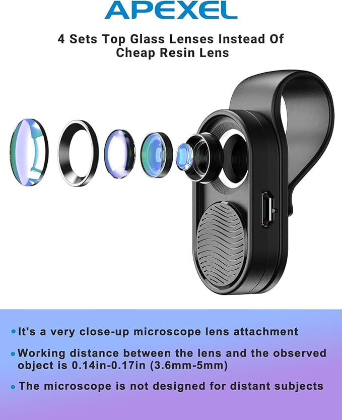 APEXEL Nano Zoom 100x Phone Micro Lens with LED Light for Smartphone - Pocket Microscope & Camera Lens Attachment
