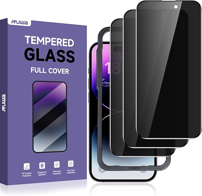 ruwa Privacy Screen Protector for iPhone 14 Pro [3-Pack][6.1 Inch] Anti-Peep Tempered Glass Films with Easy Installation Frame, 9H Hardness, Scratch Resistant, Full Coverage (Only for iPhone 14Pro)