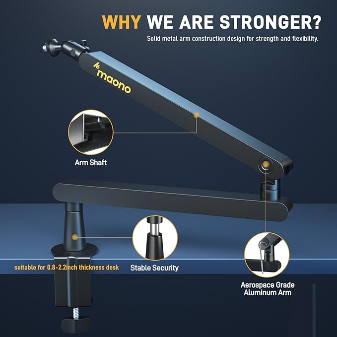MAONO Microphone Boom Arm, Low Profile Mic Arm with Cable Management Channels, Desk Mount Clamp, Fully Adjustable, Heavy Duty Mic Stand for Podcast Studio Streaming (BA92 Black)