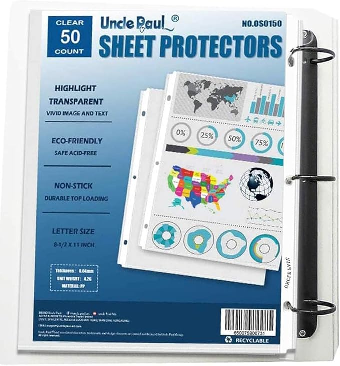 Sheet Protectors - 50 Sheets 4 mils Strong Extra Heavyweight Clear Top Load 8.5 x 11 Inch Highlight Transparent Acid-Free for 3 Ring Binder OS0150