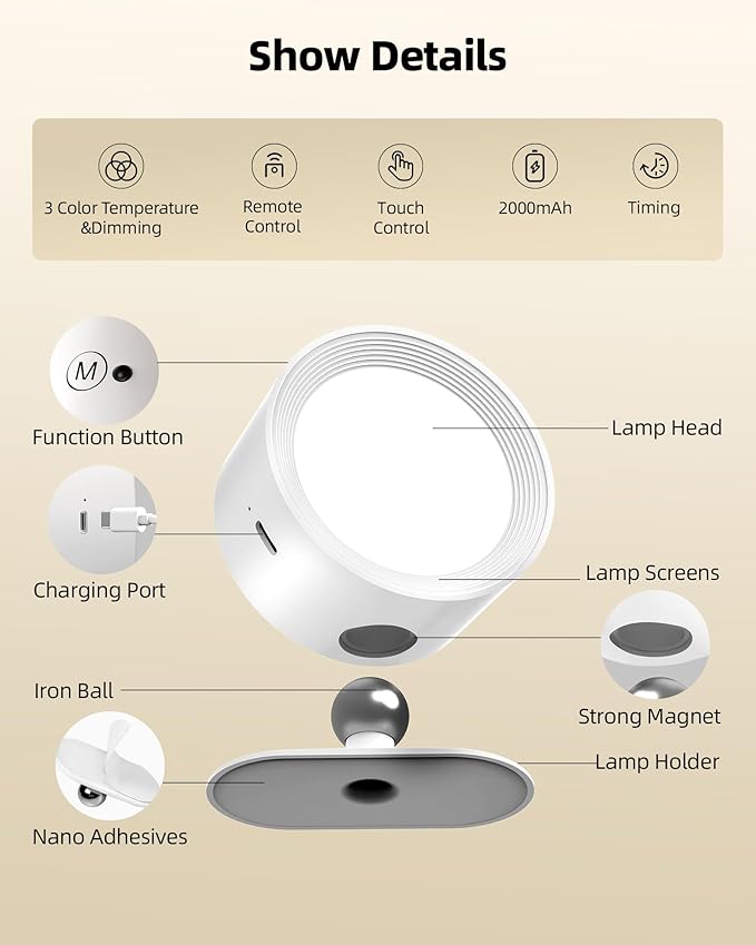 LED Wall Mounted Lights, Rechargeable Wall Sconces with Remote & Touch Control, 3 Color Temperatures 360° Rotation Dimmable Cordless Wall Light for Bedroom Study Reading Bedside (White, 3 Pack)
