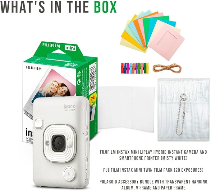 Fujifilm Instax Mini LiPlay Hybrid Instant Camera and Smartphone Printer (Misty White) Bundle with Instax Mini Twin Film Pack (20 Exposures), and Accessory Kit (3 Items)