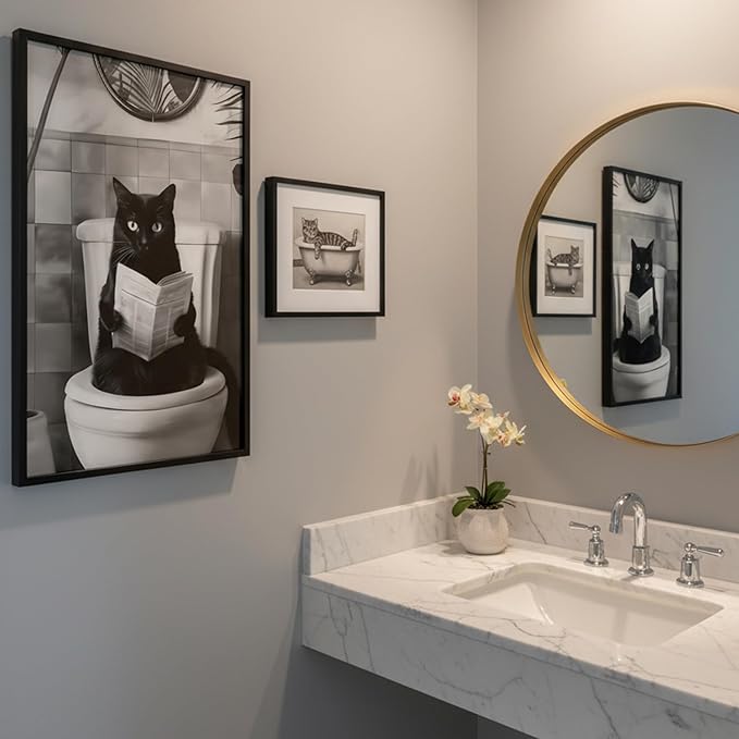Zhfmoir Funny Black Cat on Toilet Wall Art 12x16 Inch, Humorous Bathroom Cat Canvas Print with Hooks, Waterproof Glossy Funny Animal Poster for Bathroom Decor, Office, Dorm, Gag Gift