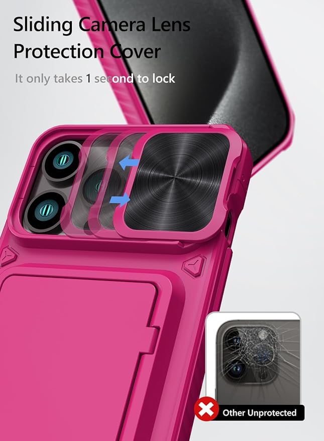 Vihibii for iPhone 15 Pro Max Wallet Case with Card Holder (4 Cards) & Slide Camera Cover & Kickstand, Raised Edges Protect Screen, Rugged Hard Back Cover for iPhone 15 Pro Max, 5G 6.7" 2023, Hot Pink