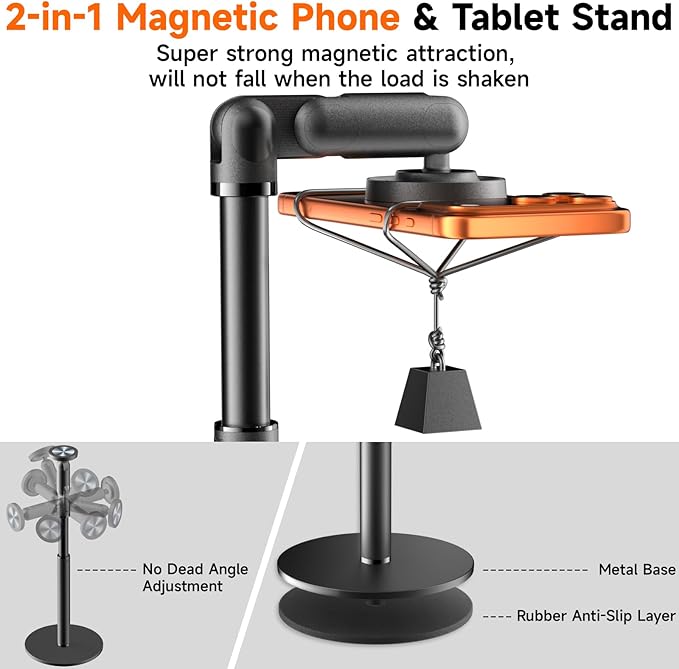 360° Rotating Magnetic Phone Stand for MagSafe, 2 in 1 Adjustable Tablet Stand & Cell Phone Stand, Aluminum Phone Holder for Desk, Compatible iPhone 17 16 15 14 13 12 Pro Max and IPad, Black