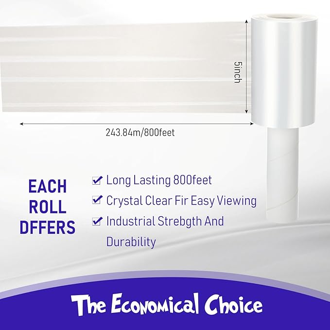 Sherr 12 Rolls 5 Inch x 800 Feet Clear Stretch Shrink Wrap Film with Handle 80 Gauge Heavy Duty PE Industrial Plastic Wrap for Packing, Moving, Furniture & Pallet, Self Adhering Packaging Film