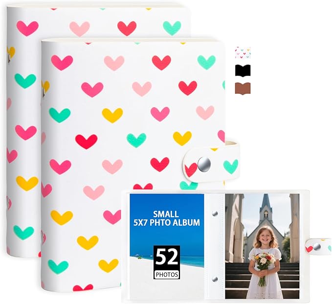 2 Pack Small Photo Album 5x7 Holds 52 Pictures Leather Cover 5 x 7 Album Mini Picture Book Acid Free Inner Pages Portable Albums Book for Wedding Family Boys Girls Art Work(White)