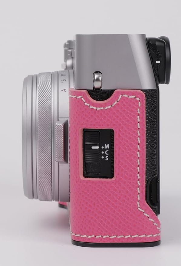 Uchandmade Genuine Leather Camera Half Case for Fujifilm X100VI - Top Layer Cowhide Body + Metal Base Plate - Hand Shank Free Design (Pink)