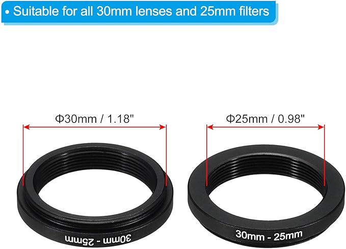 PATIKIL 30mm-25mm Metal Step Down Ring with Cleaning Cloth, 2 Pack Camera Lens Filter Adapter Ring Aluminum Filter Adapter Ring for Camera Lenses Hood, Black