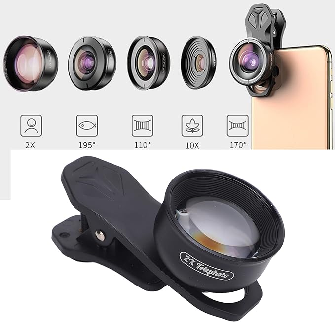 5 in 1 Phone Camera Lens Kit, 10X Macro Lens, 2X Telephoto Lens, 195° Fisheye, 110° Wide Angle, 170° Super Wide Angle, for Double Lens Single Lens Smart Phone