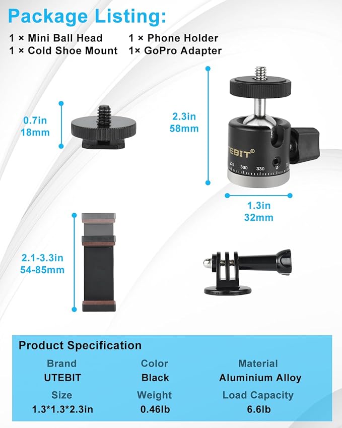 UTEBIT Mini Ball Head, Panoramic Tripod Head with 1/4" Camera Hot Shoe Mount DSLR Camera Mount Adapter Photograph Attachment Accessories for Action Cameras Cam Smartphone Light Microphone