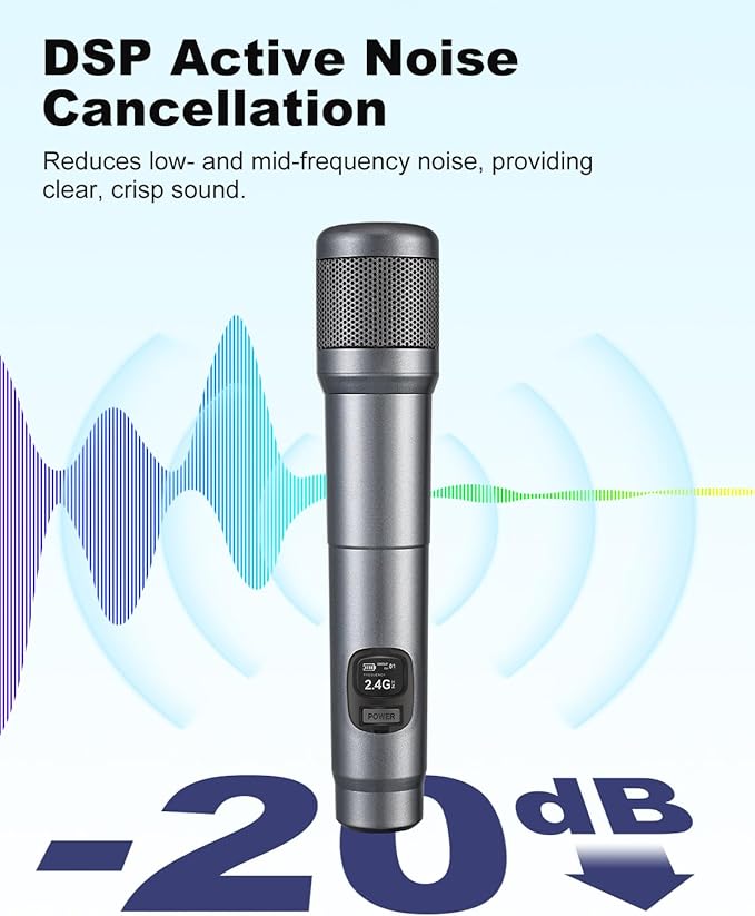 Wireless Microphone, Dual Handheld Dynamic Mic with Rechargeable Receiver, 40H Duration, 200ft Range, Plug and Play, Karaoke Microphone for Singing, Karaoke, Meeting, Church, Wedding