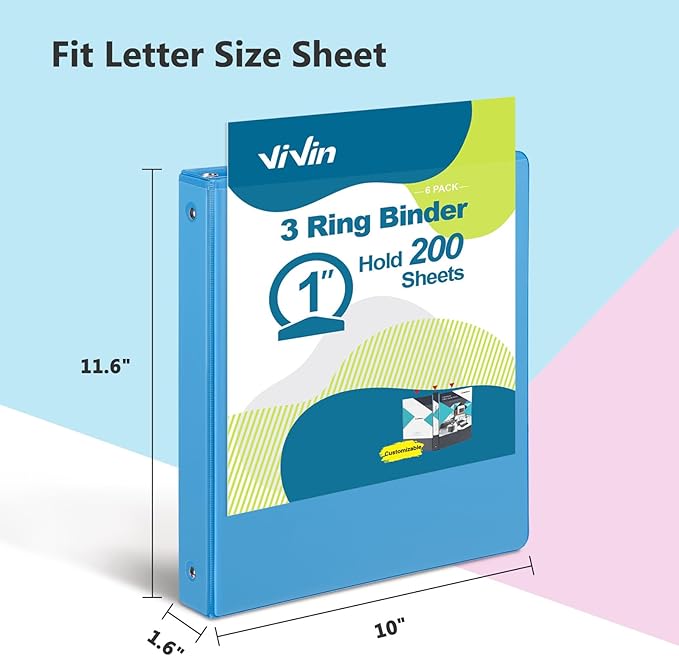 ViVin 1 Inch Round Ring View Binder for Durability, Standard 3 Ring Binder for 200 Sheets of US Letter Size Paper, PVC-Free, 6-Pack (Assorted)