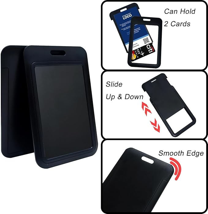 Larpur 2 Pack Vertical ID Badge Holders Hard Plastic Sliding Card Cases with Clear ID Window for School, Office, Factory, Black
