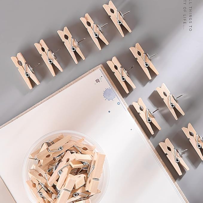 DOSEWART Push Pin Clips for Cork Board, 60 Pcs Wooden Paper Clips with Push pins for Bulletin Board Decoration, Artworks, Notes, Photos, Cubicle and Classroom Decor
