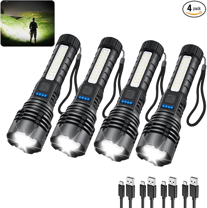 Rechargeable Flashlights High Lumens, 7Mode Flashlights Rechargeable, Super Bright Flashlight Camping, Adjustable Tactical Flash Light High Powered, LED Flashlight for Home Emergency 4Pack