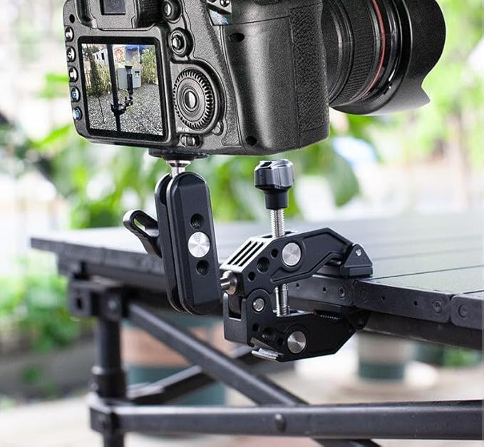 Super Clamp with 3” 360°Dual Ballhead Magic Arm, Cold Shoe, 1/4” Threads Mount Adapter for Phone, Action Camera, Desk Tripod, Tube, Gimbal, Compatible with SmallRig, GoPro, DJI Model ST83,13–65mm