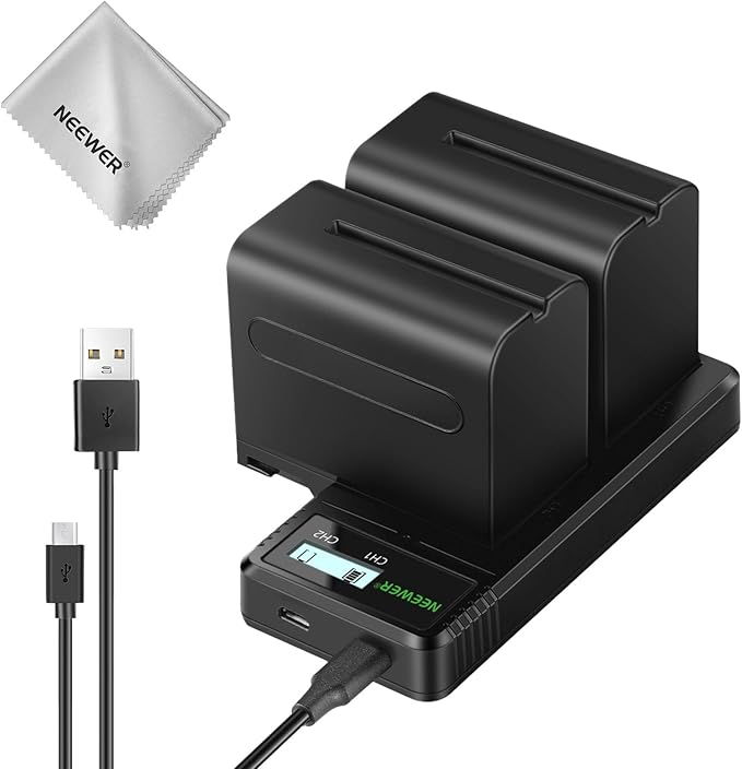 NEEWER 2Pcs NP-F970 7800mAh Replacement Batteries with Charger/Cleaning Cloth, Compatible with Sony NP-F970 F960 F950 F770 F750 F570 F550 FX3 FX30 A7 Canon R5 Nikon Z8 Cameras, for Handycam LED Light