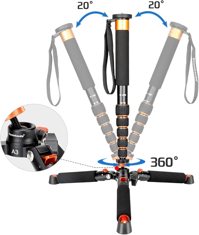 Koolehaoda Camera Aluminum Monopod with Metal Tripod Base.6 Sections 46-177cm/18-69inch Adjustable, Leg Diameter Φ28mm,up to 6kg /13lbs
