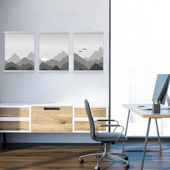 Benjia Magnetic Poster Hanger, 11x17 11x14 11x22 Poster Frame Wood Wooden Magnet Print Posters Dowel Scroll Hanger Hangers Hanging Kit for Walls Map Canvas Artwork (Grey, 11")