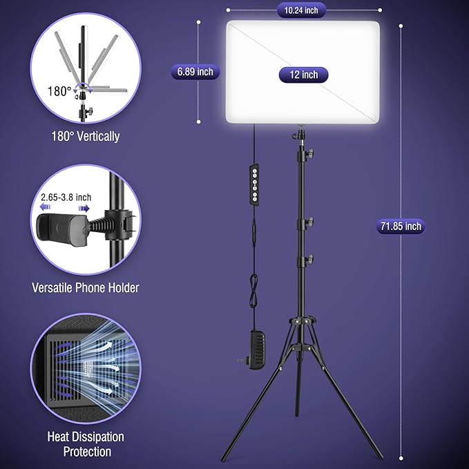 2-Pack LED Video Light Kit with 63'' Tripod Stand, 2500K-8500K Dimmable Studio Light Photography Panel Lighting for Video Recording Game Live Streaming Podcast YouTube Filming, Phone Holder