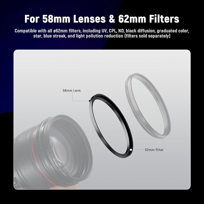 NEEWER 58-62mm Step Up Ring Adapter (2 Pack) with Cleaning Cloth, Ultra Slim Aluminum Alloy Lens Filter Adapter Ring for 58mm Camera Lens to Use 62mm Filter