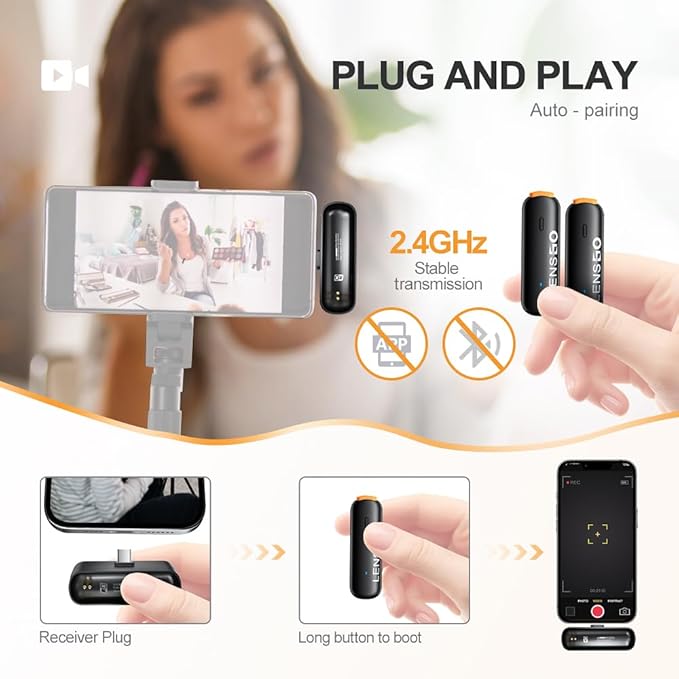 LENSGO Wireless Lavalier Microphone for Android, 2.4 Ghz Duali Professional Lapel Mics, Wireless Mic Plug-Play, Lapel Microphone for Video Recording Interview Conference Podcast Vlog YouTube TikTok