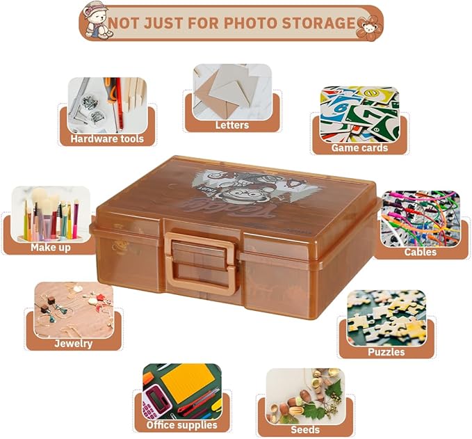 Naivees Photo Containers Storage Case Teddy Storage Box 4" x 6" Plastic Cartoon Organizer with 16 Inner Photo Containers Boxes for Photos,Cards,Pictures (Camping Brown)