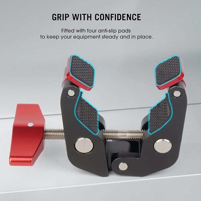 Came-TV Super Clamp Camera Mount with 1/4" and 3/8" Thread Holes, Aluminum Crab Clamp Mount with Locating Holes/Rubber Pads for Most Photographic Accessories, Max. Load 8.8lbs (64003B)