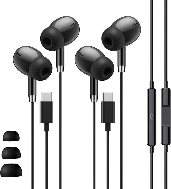 USB C Headphones for Samsung S26 Ultra S25, Wired Earbuds USB C, USBC Headphones [Clear Microphone] Noise Cancelling HiFi Bass Ear Buds Pods for iPhone 17 16 15, Android/School/Travel [Black] 2 Pack