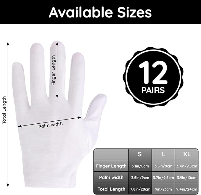 Segbeauty 24 Counts Moisturizing Gloves for Dry Hands, Cotton Hand Gloves Moisturizing Overnight, Washable White Gloves for Art Handling, Sleeping Gloves Thick Cotton Gloves for Men & Women Small
