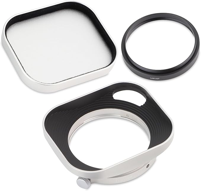 Haoge Metal Squaret Lens Hood for Fujifilm XE5 XF 23mm f2.8 Kit Fujinon XF27mmF2.8 R WR Lense Hood Silver with 39mm E39 Filter Thread,Screw-in Lens Hood with Hollow Out Designed