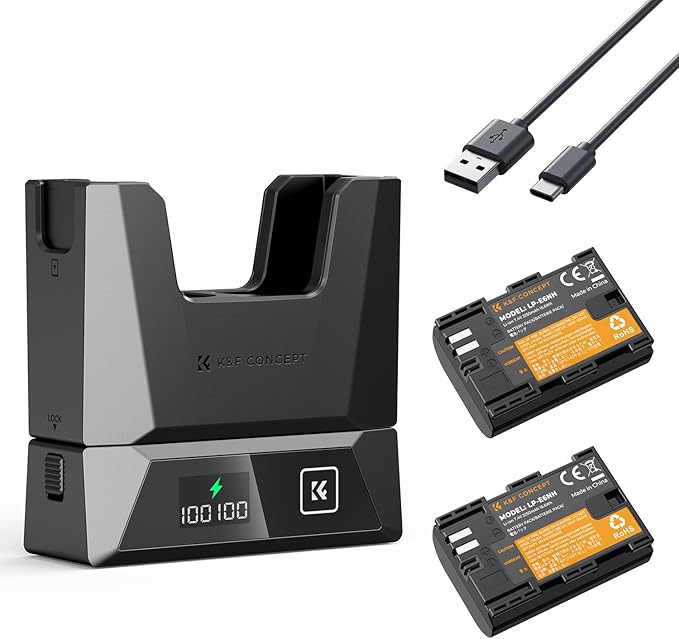 K&F Concept 2-Pack 2600mAh LP-E6NH Battery and 18W Charger Compatible with Canon EOS R7, R5, R6, R, 5D Mark II/III/IV, 6D, 6D Mark II, 7D, 7D Mark II, 90D, 60D, 70D, 80D Cameras
