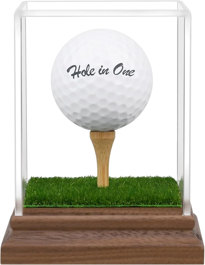 Golf Ball Display Case Hole in One Golf Ball Display Case Holder Wanult Wood Base Acrylic Golf Ball Holder Stand Lifelike Turf Wood Tee Memorabilia Showcase Square Cube Box Stand Golf Gifts Decor