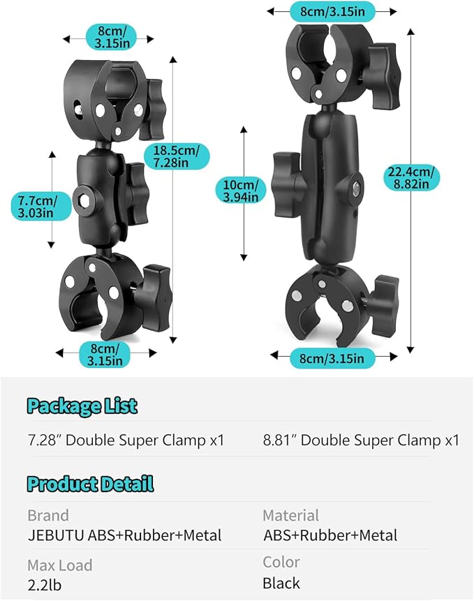 Double Super Clamp Mount 7.28"/18.5cm & 8.86"/22.5cm, Motorcycle Bike Handlebar Umbrella Pole Chair H oleder Clamp Mount for Light Stand Reflector Boom Stand Selfie Stick