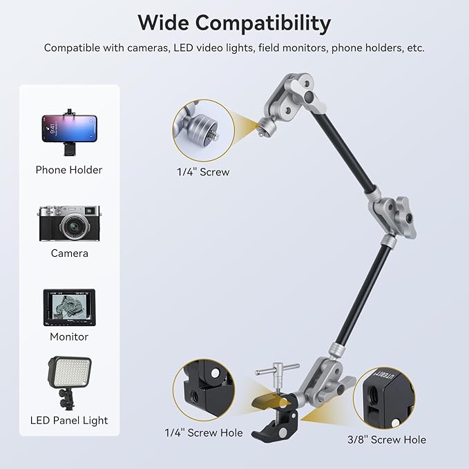 UTEBIT 22" Magic Arm w Clamp Mount, Desk Camera Mount Articulating Friction Boom w Arm 1/4" Thread Adapter, Overhead Desk Phone Mount for Video Light Webcam Microphone Action Camera Content Creators