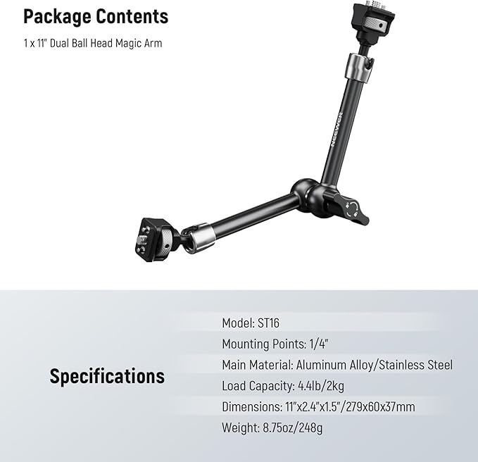 NEEWER 11" Articulating Magic Arm with 360° Ball Heads & Locating Pins for ARRI, Camera Monitor Mount with 1/4" Screws for DSLR Action Camera Monitor Video Light Compatible with SmallRig Cage Rig,ST16