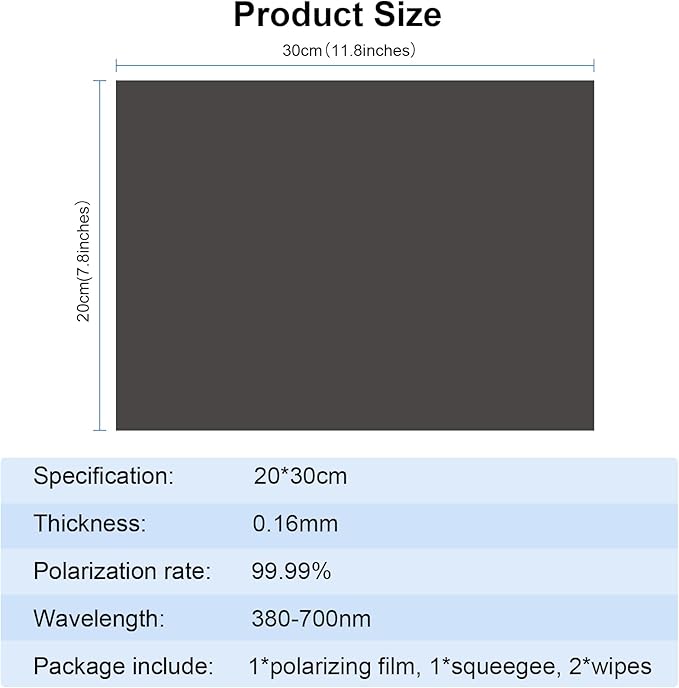 Selens Polarizer Film 7.8x11.8 inch Non-Adhesive Polarized Film Sheets for Physics Education, Photography, Screen 1Pcs