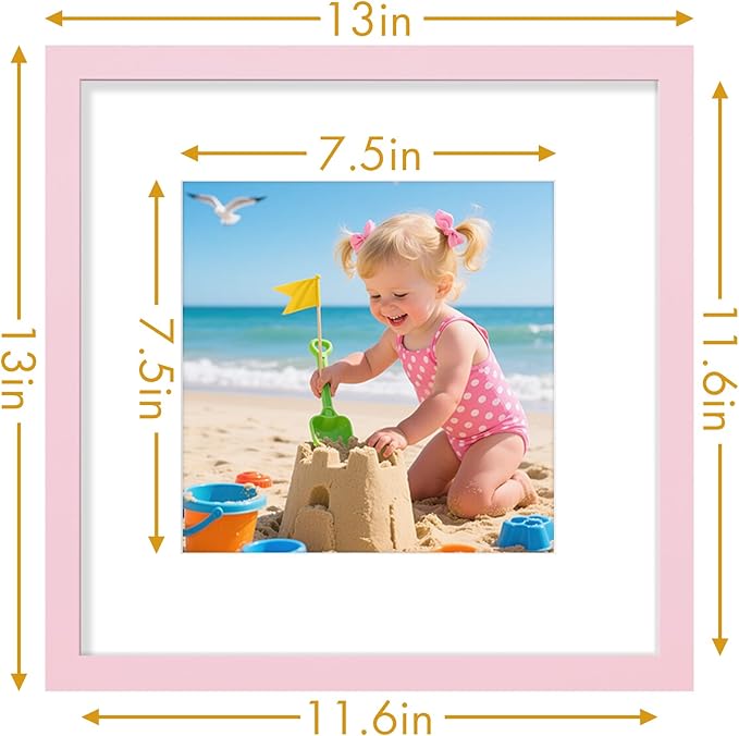 Vittanly 12x12 Picture Frame, Made of Solid Wood and Shatterproof Plexiglass, Display Pictures 8x8 with Mat or 12x12 without Mat, Wooden Photo Frame for Wall Mounting, Pink, 1 Pack