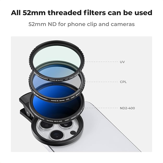 K&F CONCEPT 52mm Clip-on ND2-400 Phone Camera Lens Filter Kit, Adjustable Neutral Density Filter Compatible with iPhone 16 15 14 13 12 11
