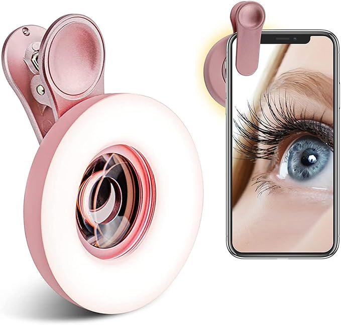 Macro Lens for iPhone and Android with Mini Clip Ring Light, Portable Rechargeable Dimming, for Smart Phone Photography, Camera Video Recording, VLOG