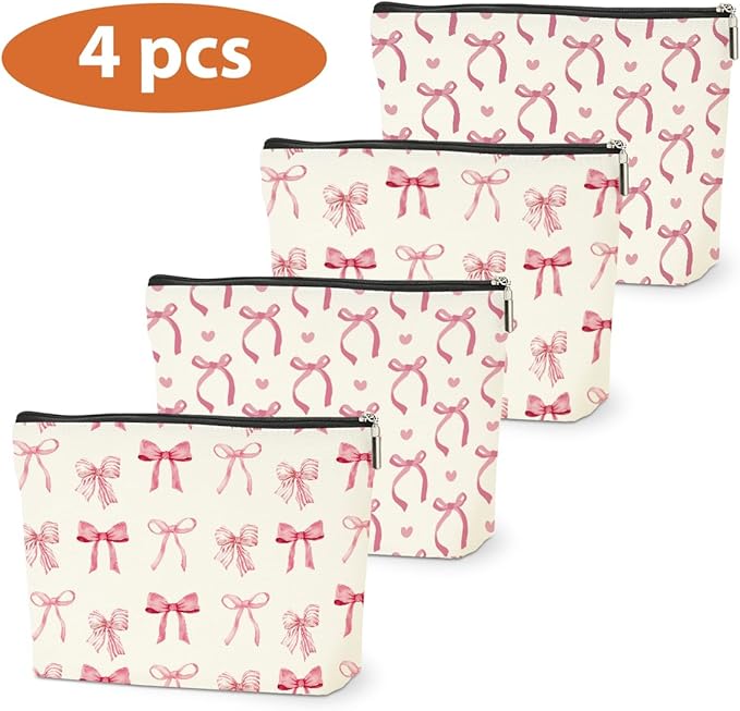 4PCS Pink Bow Makeup Bag, Coquette Preppy Cosmetic Bags Bow Gifts for Women Girls Pink Trendy Toiletry Bag Best Birthday Christmas Gifts for Girls Women Sister Travel Bags