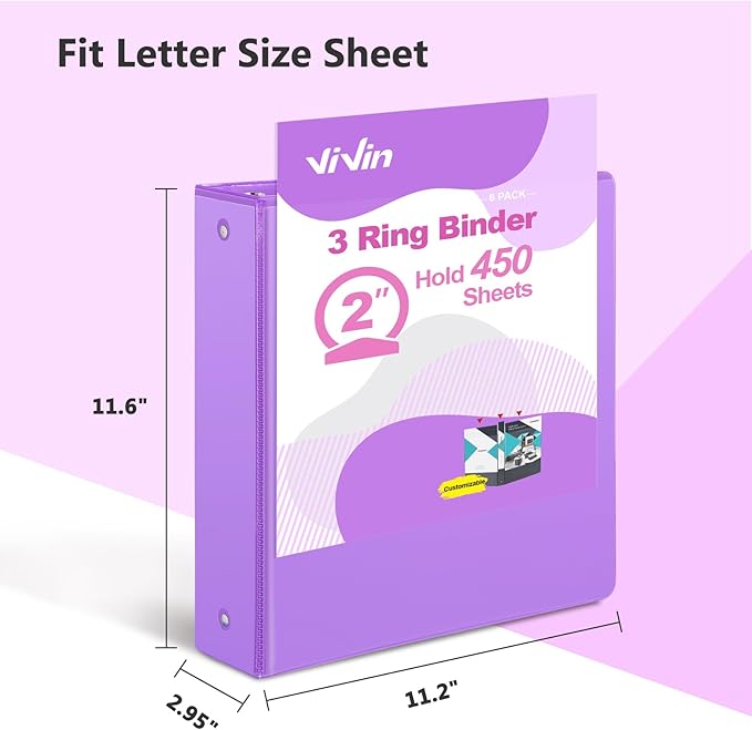 ViVin 2 Inch Round Ring View Binder for Durability, Standard 3 Ring Binder for 450 Sheets of US Letter Size Paper, PVC-Free, 6-Pack (Purple)