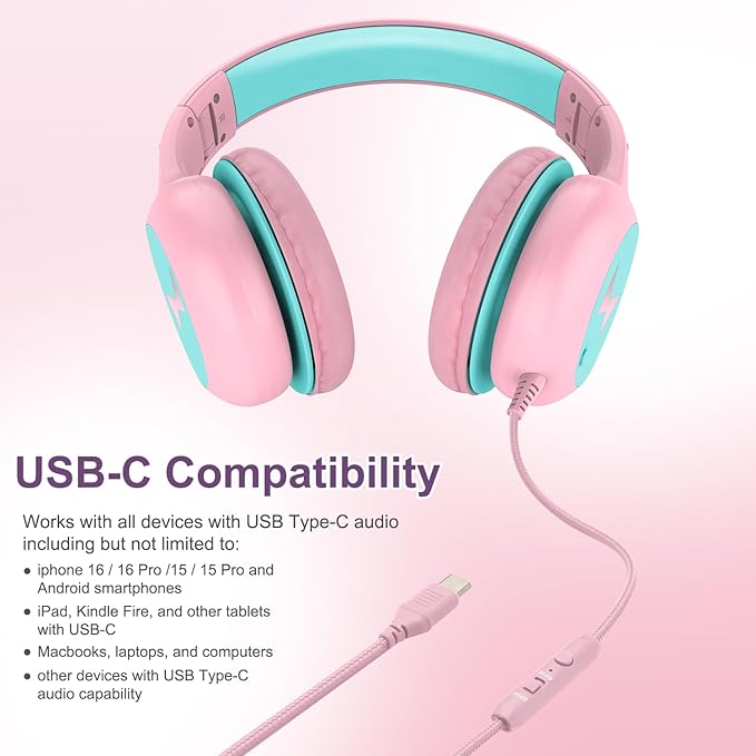 Kids Headphones Wired with Microphone, USB Type C Headphones for Kids Girls Boys with Cord/LED Lights/85/94dB Volume Limit, Portable Over Ear Headphones for School/Travel/Tablet/iPad