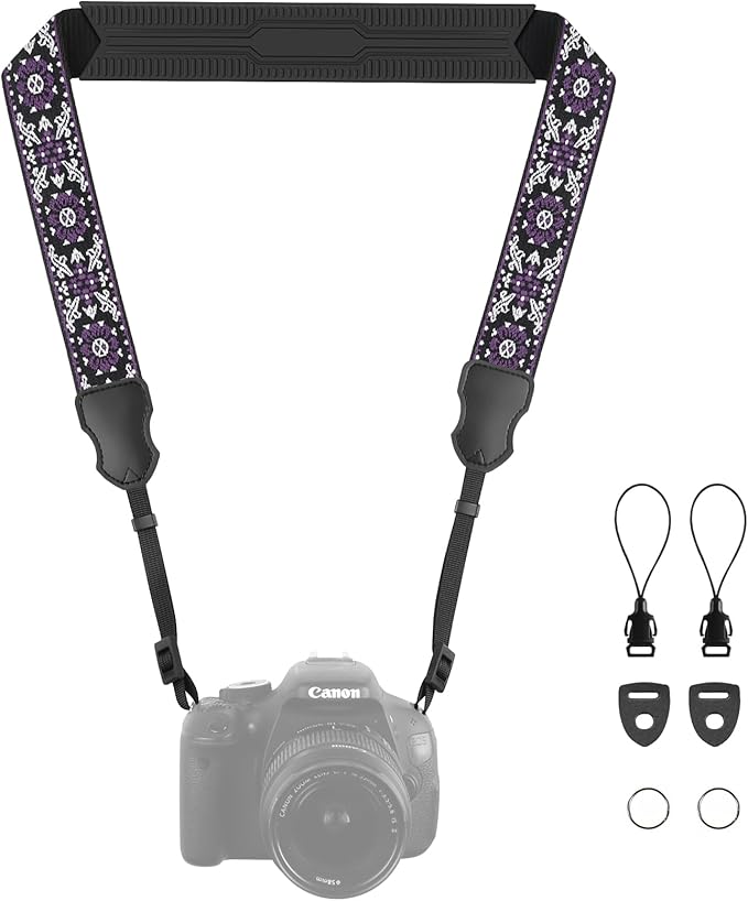 Neck Strap Silicone Camera Straps - Padded Camera Strap, 1.5" Wide Adjustable Nylon Shoulder Strap - Compatible with Canon, Nikon, Sony, and More DSLR and Mirrorless Cameras (Purple)